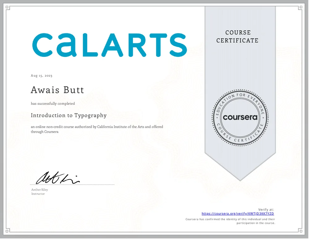 Introduction to Typography certificate