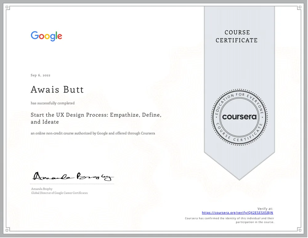 Start the UX Design Process: Empathize, Define, Ideate certificate