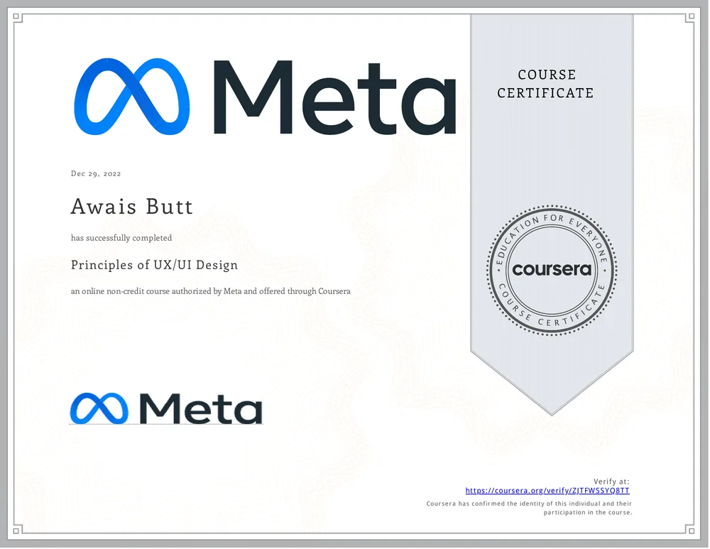 Principles of UX/UI Design certificate