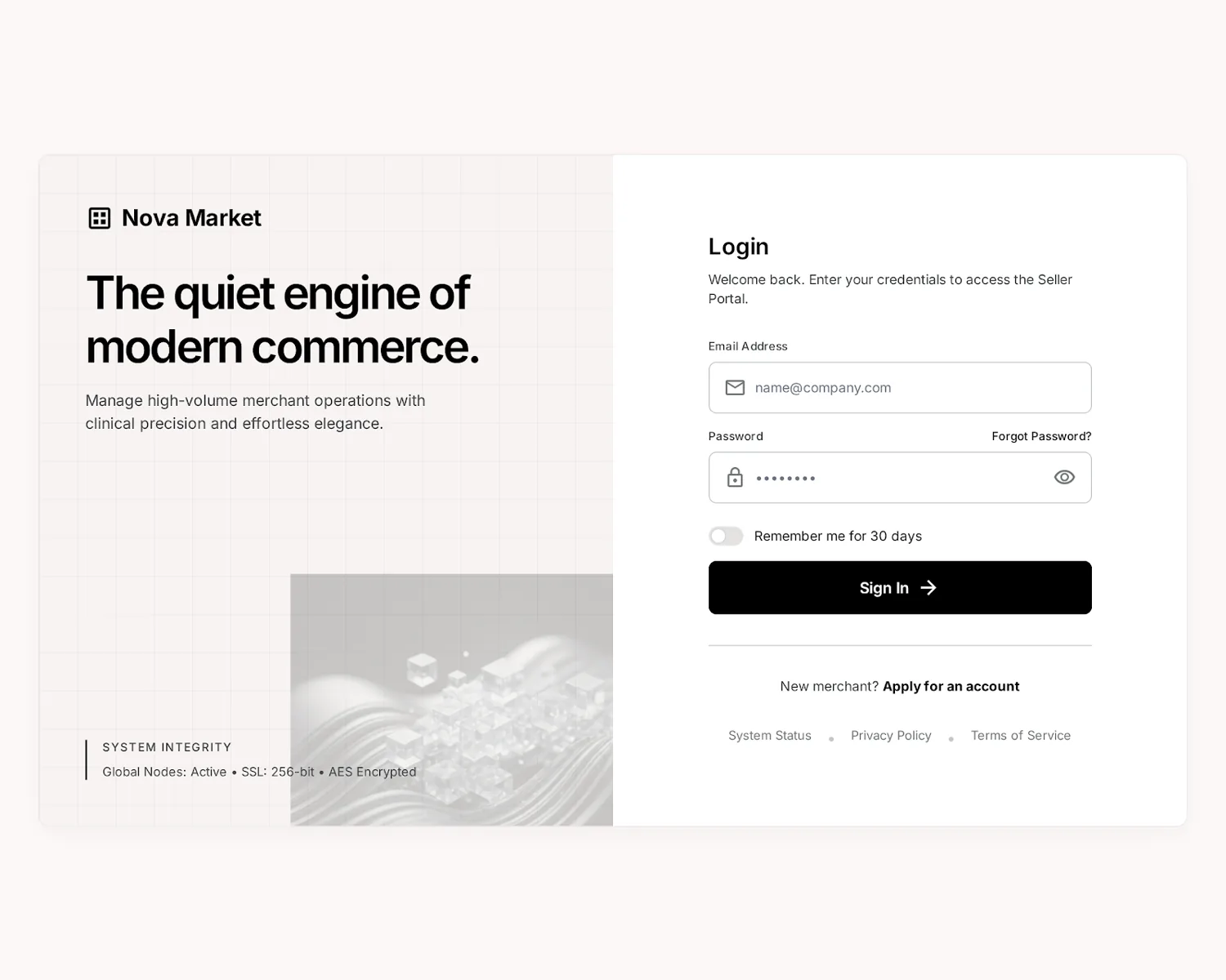 Nova Market — become a seller portal screen