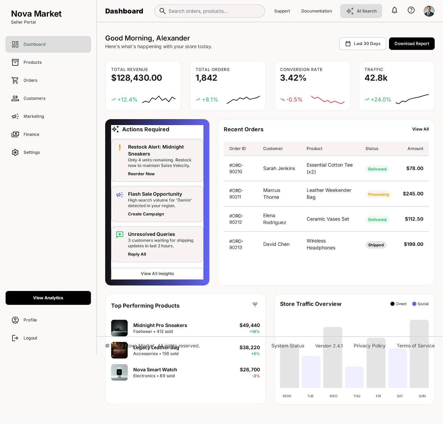 Nova Market — dashboard portal screen
