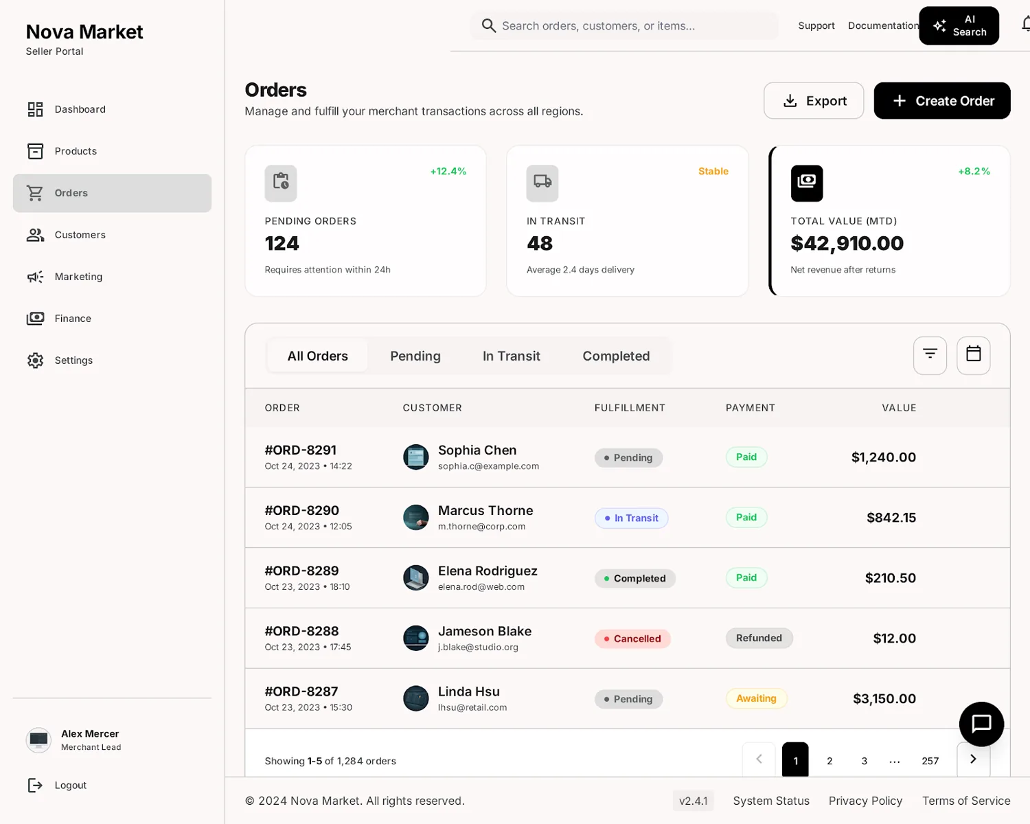 Nova Market — orders portal screen