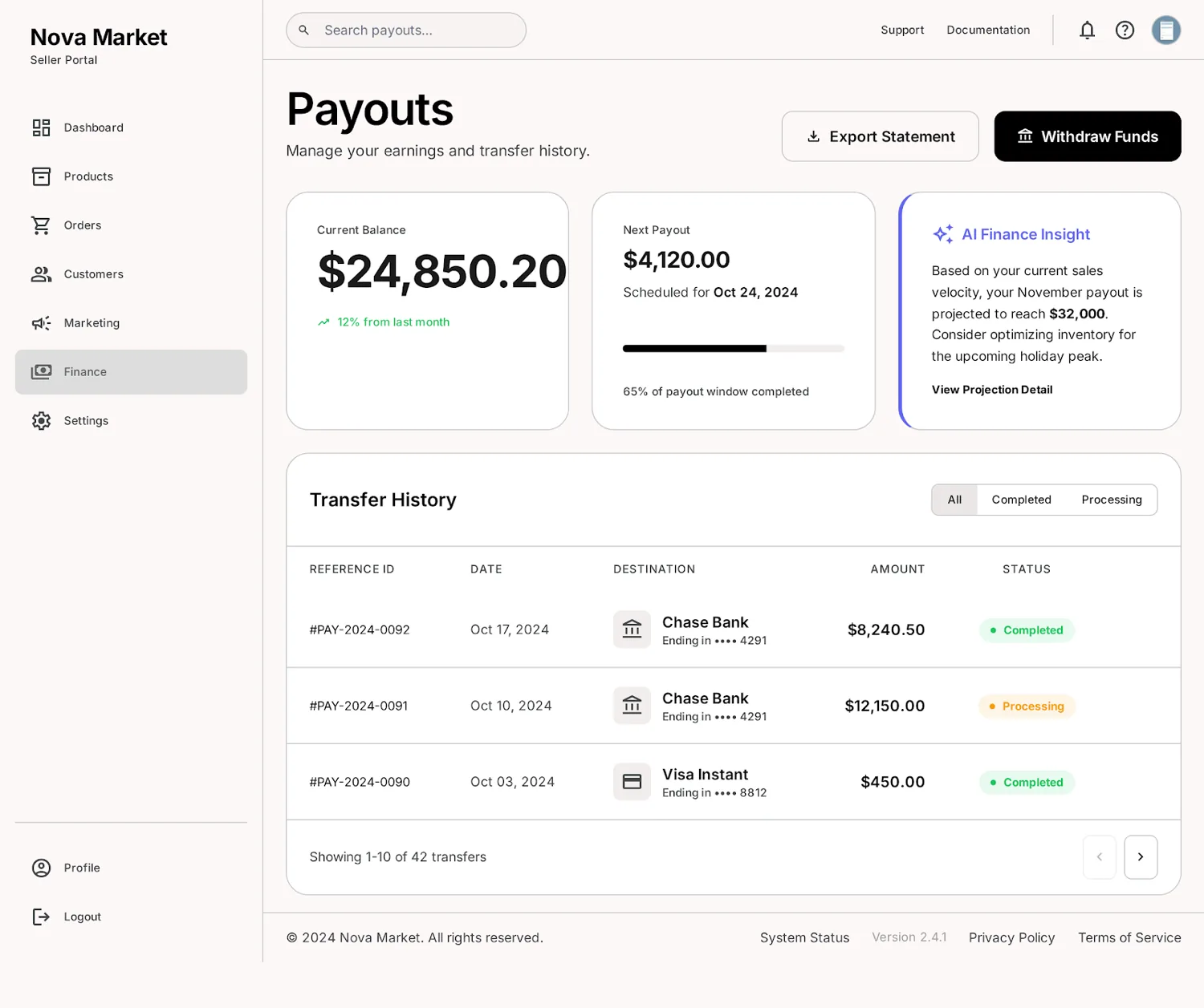Nova Market — payouts portal screen