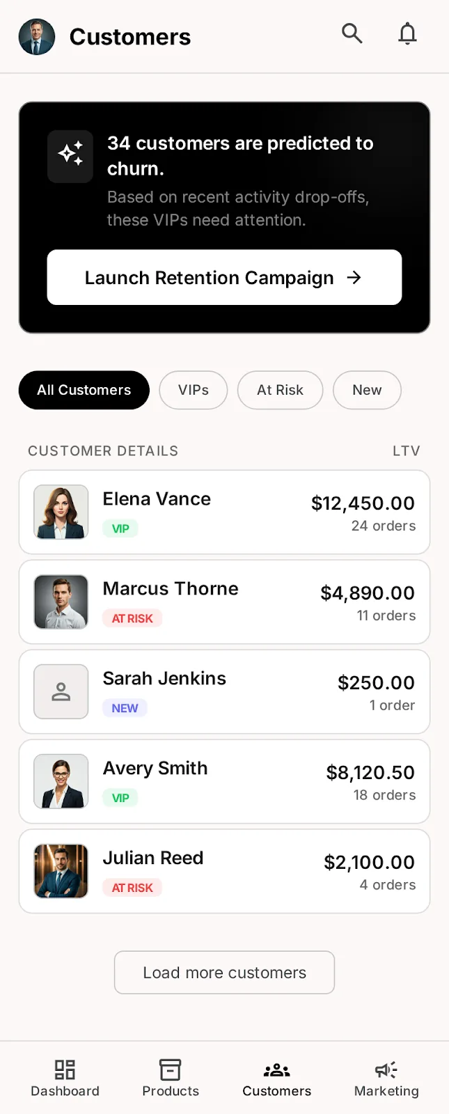 Nova Market — customer insights app screen