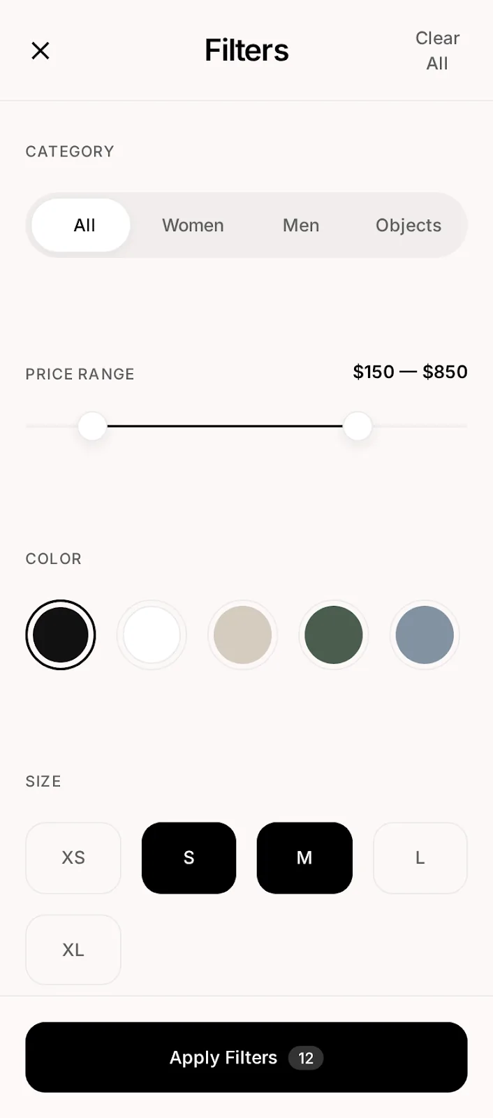 Nova Market — filters app screen