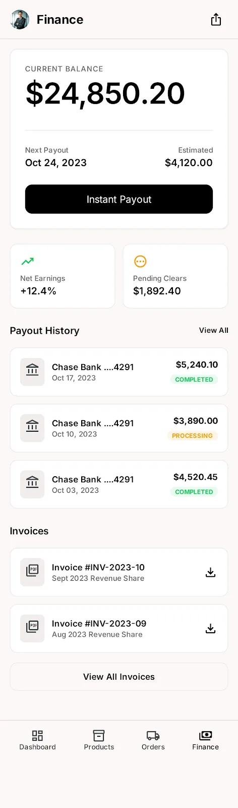 Nova Market — finance payouts app screen