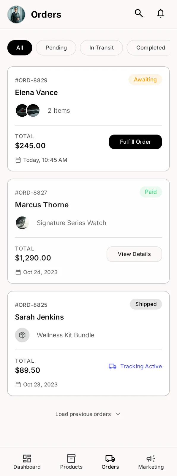 Nova Market — order management app screen