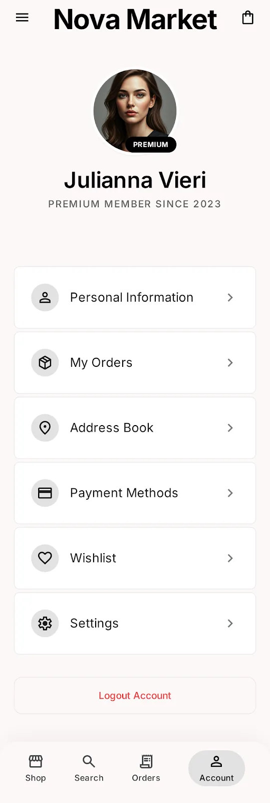 Nova Market — profile app screen