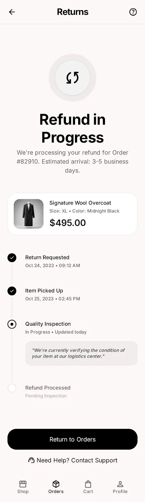 Nova Market — refund status app screen