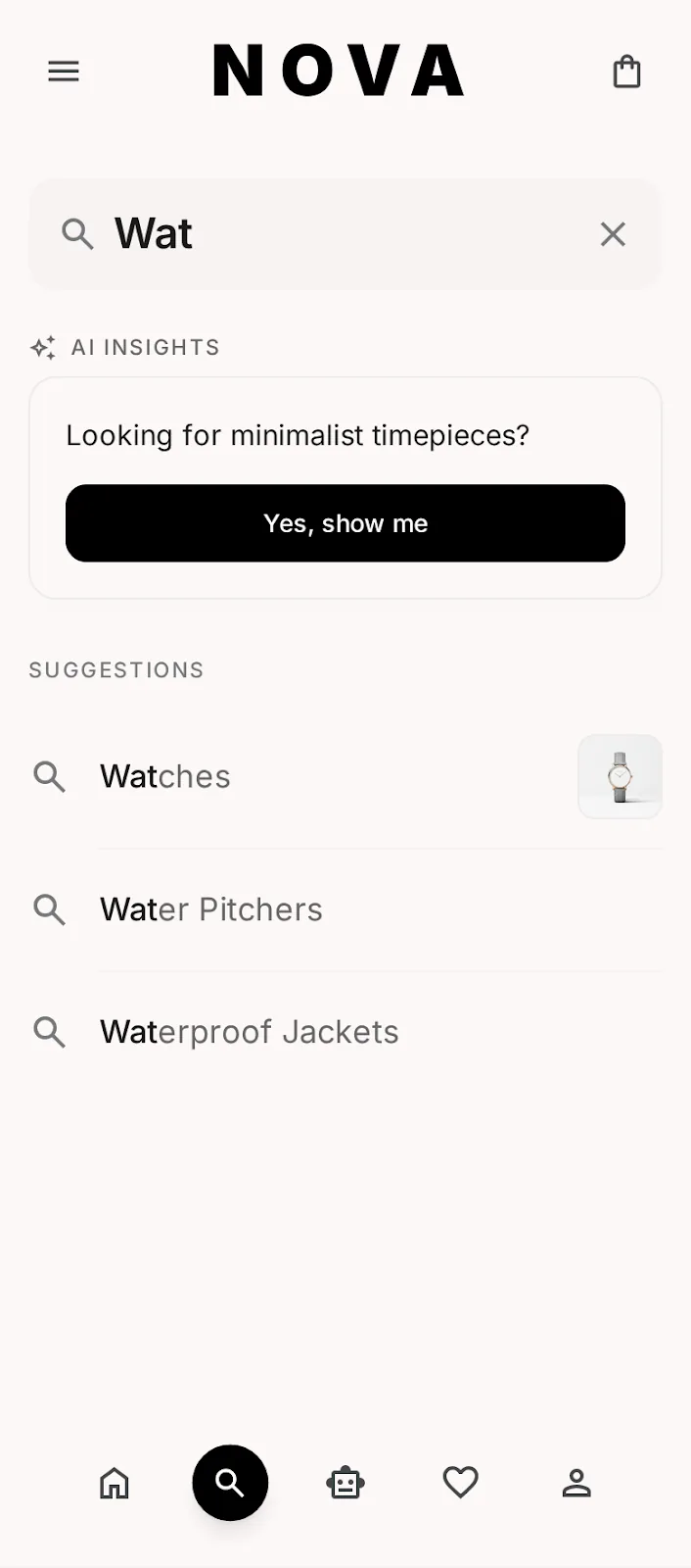 Nova Market — search suggestions app screen