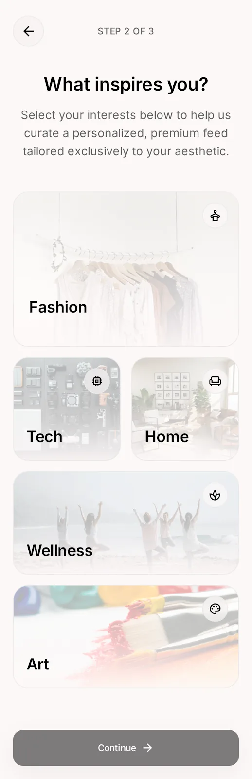 Nova Market — select interests app screen