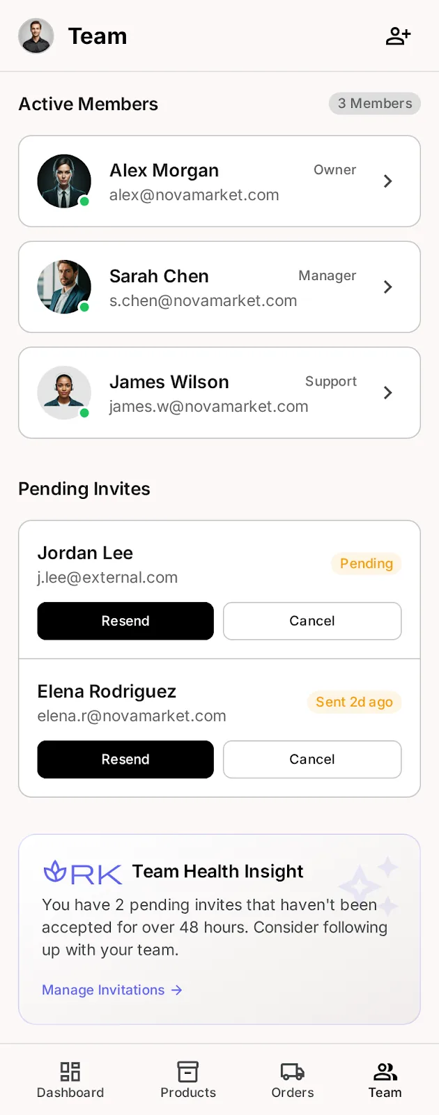 Nova Market — team permissions app screen